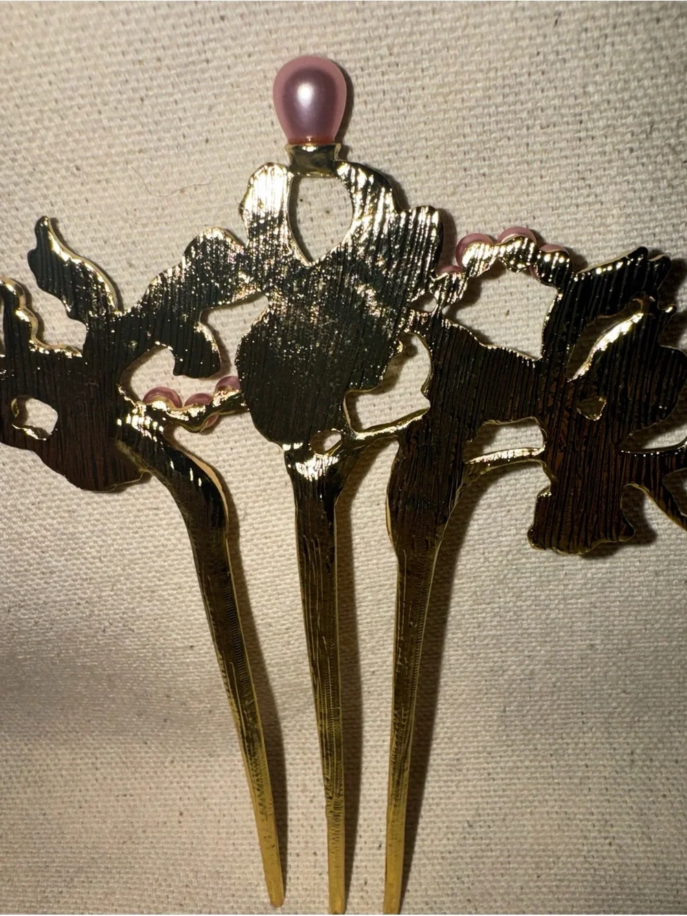 Elegant Blue & Green Enamel & Faux Pink Pearls Floral Gold Tone Metal Hair Fork
